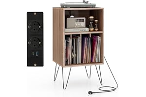 KOMFOTTEU Meuble Platine Vinyle avec 2 Prises Standard européenne, 1 USB,1 Type-C, Meuble Tourne-Disque, 5 Casiers, Table d’Appoint Multifonction, Pieds Métals, 48 x 40 x 88 cm (Couleur Noye)