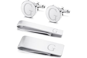 Kakonia Set di 4 gemelli e fermacravatta con iniziale, da uomo, in acciaio inossidabile, con incisione personalizzata, gemelli e fermacravatta con lettera dell'alfabeto A-W, con confezione regalo per