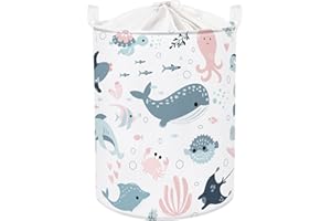 Clastyle 45L Cesta Ropa Sucia Animales Marinos Burbujas Niñas Cestos Almacenaje Sirena Tiburón Blanco Plegable Redonda para Habitación Infantil, 36x45 cm