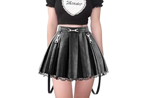 LittleForBig Women's A-Line Pleated PU Faux Leather Flared Casual Lace Trim Mini Skirts - Troublemaker