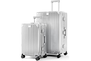 ALPHA CAMP Koffer Set Polycarbonat M L Reisekoffer TSA Schloss Hartschalenkoffer Groß mit Rollen Suitcase Aluminium Rahmen Koffer Handgepäck Silber Mittelgroß Rollkoffer 2tlg