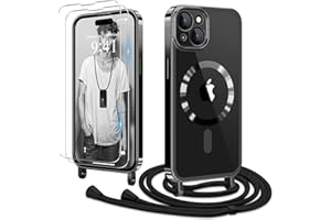 Ethanger Handykette für iPhone 15 Hülle mit Band + 2 Stück Panzerglas Schutzfolie Transparent Silikon Handyhülle Magnetische Schutzhülle zum Kordel für iPhone 15 Schwarz