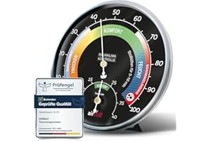 Thermohygrometer analog für innen – schwarzes Ziffernblatt mit farbigen Komfortzonen – Thermometer und Feuchtigkeitsmesser