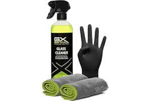 GxDetail Limpiacristales Coche 500 ml. - Glass Cleaner - Incluye Guantes de Nitrilo y 2 Microfibras - Base de Alcohol Triple Acción- Limpia Cristales Profesional – Sin Marcas – Formulado con Alcohol