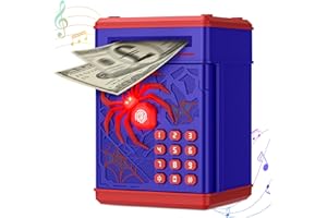 Spider Money Box,Thedttoy ATM Piggy Bank with Simulated Fingerprint,Digital PIN Money Saving Box with LED Light,Money Safe for Kid,Birthday Gifts for 3-12 Years Boys Girls-Blue