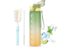 OKKLE Water Bottles 1L, Motivational Water Bottle with Straw & Brush,Sports Water Bottle BPA Free, Drinking Water Bottle with Time Marking, Portable Leak Proof Cantee Bottle Water Jug for Women Men