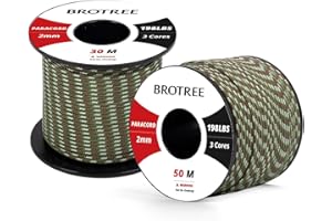 Brotree 2mm Paracord 3 Hebras 50M 100% Nylon Cuerda de Paracaídas para Al Aire Libre, Artesanía, Bricolaje - 90kg Carga de Rotura (Ejército Verde Camo)
