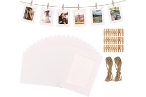 AHAQU 60 Pack 6x4 Inches Paper Photo Frame, Picture Frames Hanging Photo Frames With Mini Wooden Clips & Hemp Ropes, Cardboard Picture Frame for Home Dorm Office Wall Decor- White