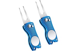 GLAITC Forcelle da Golf 2 Pezzi Strumento di Riparazione Marcatore Pallina Pieghevole Golf Divot Repair Tool in Acciaio Inox con Pulsante Pop-up e Indicatore Magnetico Sfera per Golfista Accessorio