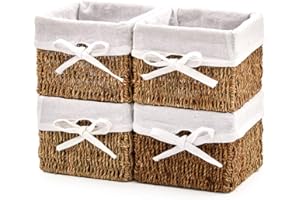 EZOWARE Set de 4 Cestas de Almacenamiento de Mimbre de Natural Algas Marinas, Caja Organizadora Decorativo con Forro de Tela Extraíble Ideal para Baño, Cocina o Decoración del Hogar - 18 x 18 x 14 cm