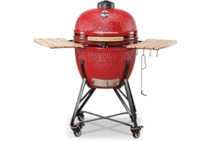 Kamado Bono Grande Barbecue avec 6 Accessoires Offerts - Charbon De Bois Portable - BBQ Et Fumoir - Rouge Japonais Céramique Ø 59 cm - Balcon