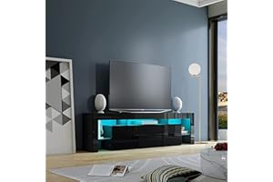 BESTWANTED LED TV Stand, 200CM TV Cabinet Modern High Gloss TV Unit with 2 Drawers and 2 Doors for Bedroom Living Room Home Furniture (Black)