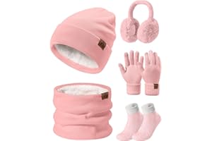Niwicee Cappello Sciarpa Guanti Set Donna Invernale Scaldacollo Touchscreen Guanti Beanie Hat Caldo 5 Pezzi Paraorecchie Calze Foderato in Pile Maglia Guanti Cappello Accessori Sport All'aperto