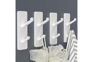 SUSSWIFF White Self Adhesive Hooks for Hanging - Stick on Hook Heavy Duty Safely Holds 6kg, Metal Wall Hanger for Coats, Towel, Purse, Hat, Keys - for Door, Dorm, Bathroom, Kitchen, Shower, Closet, 4 Pack