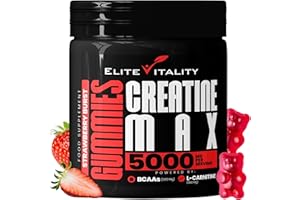 ELITE VITALITY Creatine Monohydrate 90 Gummies 5000mg + BCAAs & L-Carnitine – 3rd Party Lab Tested, Vegan, Sugar-Free, Pre Workout Muscle Growth & Recovery Gym Supplement for Men & Women – Strawberry Burst