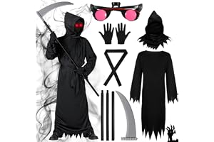 NCKIHRKK Liemannen kostym för barn, 7 stycken halloween kostym pojkar set | Helloweendräkter med handskar, senseglasögon, bä , kedja, Grim Reaper Sense, Scream, kostym för halloweendekoration