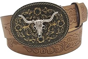 ARROMI Cowboy Gürtel Herren, Western Gürtel Herren, Herren Longhorn Stier Blumengravur, Western Gürtel, Jeans Hosen, Herren Ledergürtel für Jeans Weihnachten Herrengürtel Geschenke