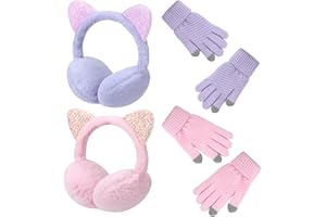 Halinuia 2 Paires de Cache-Oreilles pour Filles 2 Paires de Gants pour Filles, Cache Oreille Enfant Peluche Douce avec Paillettes, Ensemble Chaud Hiver, Accessoire Mode pour Fille 7-12