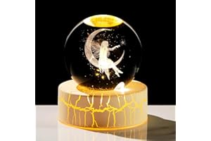 Movdyka Crystal 3D Fairy on Moon 2.36in Witchcraft Ball Tinkerbell Figurine Gifts for Women Daughter Collectible Witchy Sphere with Warm Light Base for Fairy Lovers on Birthday Home Ornaments