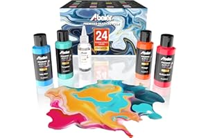 ABEIER Pouring Acrylfarbe, 60ml Flaschen, 24 Farben und Silikonöl (30ml), vorgemischt, High Flow, Glanzfinish, Farbe zum Gießen auf Leinwand, Glas, Papier, Holz, Fliesen, Steine und mehr