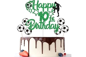 Gidobo 10th Birthday Cake Toppers, Green Glittery Cake Decorations with Football Theme, Ten Years Old Soccer Birthday Party Supplies for Boys