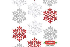 ‎HONGECB HONGECB 24 Stück Schneeflocken Weihnachten, Schneeflocken Zum Aufhängen, Glitzer Schneeflocken, Schneeflocken Christbaumschmuck, 10cm Schneeflocken Deko Hängende Ornamente, Rot - Silber - Weiß