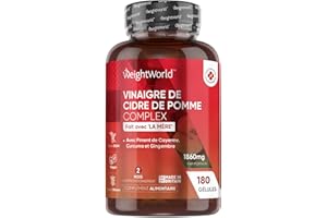 Vinaigre de Cidre de Pomme Premium 1027 mg - 180 gélules Vegan WeightWorld (3mois) - Complexe avec du Piment de Cayenne, Curcuma et Gingembre | Apple