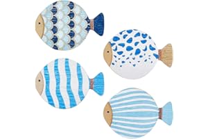 GORGECRAFT 4pz Decorazione da Parete in Legno A Forma di Pesce Blu in Legno Naturale Estate Mare Spiaggia Oceano Sculture Animali Vintage Nautico Costiero da Appendere con Adesivo Arte Lago Casa