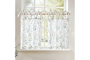TOPICK Green Floral Linen Blend Kitchen Curtains for Bathroom Living Room Bedroom Cupboard 36 Inch Drop Botanic Cafe Curtains Tiers Light Filtering Small Window Drapes Tie Top 2 panels