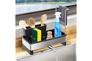 HONPHIER Organizador de Fregadero Soporte Estropajo Cocina con Bandeja de Drenaje Autodrenante Porta Estropajos, Negro