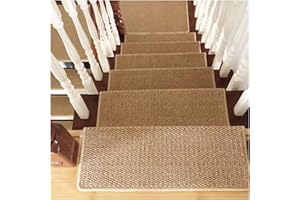 PUCIO Bullnose Carpet Stair Treads Non Slip,Self Adhesive Imitation Sisal Indoor Stair Runner Rugs Cover Mat,Safety Edge Stair Carpet Runner Protector,Peel&Stick Stairway Grip Step Treads for Elder,Kid,Dog