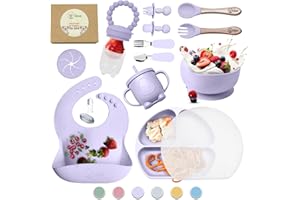 O'doe Baby Led Weaning Feeding Supplies for Toddlers, Baby Feeding Set (17 Pcs) | Suction Silicone Baby Bowl Self Eating Utensils with Fruit Feeder, Cup, Bibs, Food Plate Kit with Lid| Purple V2