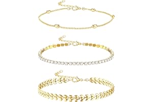 KRFY Tobilleras Oro para Mujer Tobillera de Acero Inoxidable Tenis Espiga Eslabón Cadena de Eslabones Juego de Tobilleras Joyería Ajustable para Pies de Playa Boho 3 Piezas