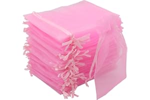 Leeyunbee 100 szt. Różowe woreczki z organzy 10 x 15 cm woreczki z organzy, woreczki, na prezent, biżuteria, ślubne torebki na cukierki, na imprezę festiwalową i wesele, satynowy sznurek