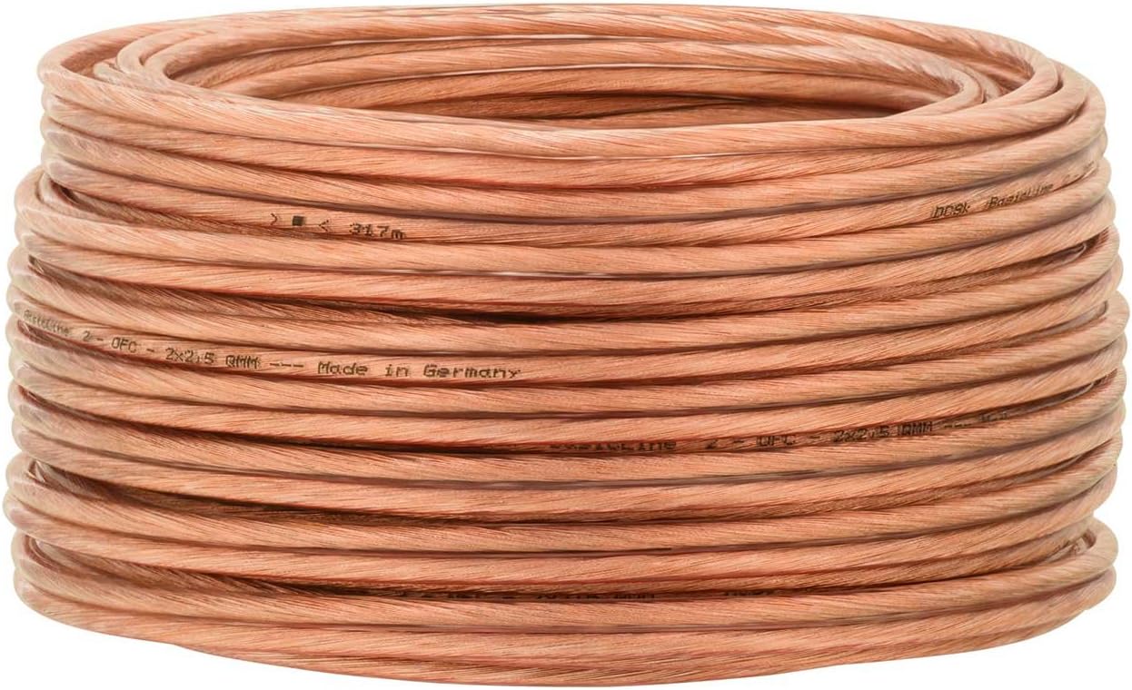 DCSk – 10m - 2 x 2.5mm² - Cable para Altavoces – Cable OFC para Altavoces, Adecuado para Altavoces de Coche, Cobre Puro sin oxígeno 99.99%, Transparente