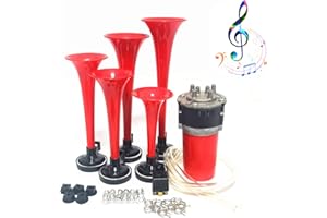 YIYIDA Klaxon de Voiture 12V Corne de Musique Trompette à Cinq Tubes Dixie 160db Rouge Avec Pompe à Air Pour Voiture Camion Bateau