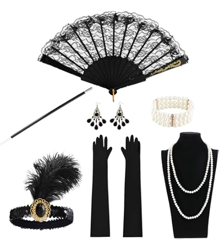 AOMIG 1920-accessoireset, 6 stuks Great Gatsby-accessoires voor vrouwen, vintage kostuums met hoofdband, parelketting, oorbellen, armband, lange handschoenen, kostuumaccessoires uit de jaren 20 voor cosplay party