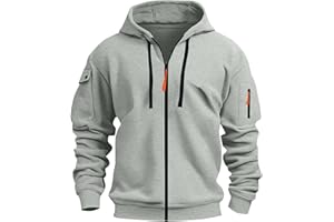 XCXC Herren Kapuzenjacke mit Reißverschluss Männer Outdoorjacke mit Armtasche Kordelzug Fronttaschen Langarm Oberteil Übergangsjacke Freizeitjacke für Fitness Alltag Freizeit
