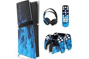 PlayVital Pegatina Completa para ps5 Pro Consola Digital & Disc - Vinilo Calcomanía Adhesiva para Mando, Auriculares, Estación de Carga y Control Remoto, Accesorios Protector Decal (Llama Azul)