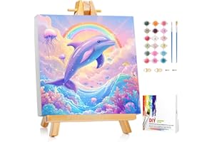 Gemartmall Delphin Malen Nach Zahlen Kinder mit Rahmen-Tier Malen Nach Zahlen Kinder ab 7 mit Rahmen für Basteln DIY Bastelset mit Holzrahmen(20x20cm)