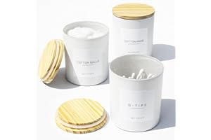 Ezebesta 3PCS Farmhouse 400ml White Bathroom Canisters with 12 Labels & Wooden Lid Thick Glass Jar Set Qtip Holder for Cotton Ball & Pads Storage Organization Minimalist Decor