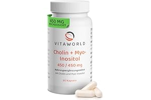 ‎VITA WORLD Cholin Inositol - Cholin Kapseln hochdosiert 450mg + Myo-Inositol 450mg pro Tag (60 vegane Kapseln) - unterstützt Leberfunktion & Fettstoffwechsel - laborgeprüft, ohne Zusätze, glutenfrei - vitaworld