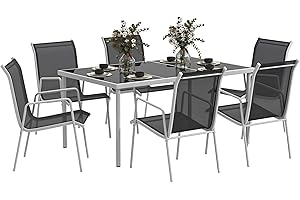 Outsunny Conjunto de Comedor de Exterior Juego de Comedor de Jardín de 7 Piezas con 1 Mesa 6 Sillas Apilables y Marco de Acero para Terraza Patio Negro