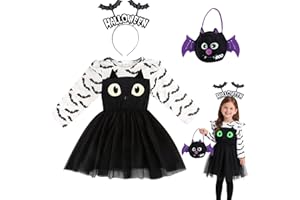 Tankermo 3er Halloween Kostüm Kleinkind Fledermaus Glow in The Dark mit Haarreif ＆ Tasche,1–7 Jahre Fledermaus Kostüm Kinder Mädchen Fledermauskostüm Kleider Bat Costume Fancy Dress Outfits Cosplay