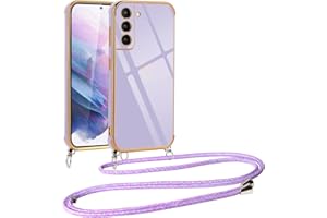 Vauki Funda con Cuerda para Samsung Galaxy S21 Plus 5G, Patrón de Corazón TPU Carcasa, con Colgante Ajustable Collar Correa para el Cuello Cadena Cuerda, AntiChoque Suave Silicona Cover, Morado