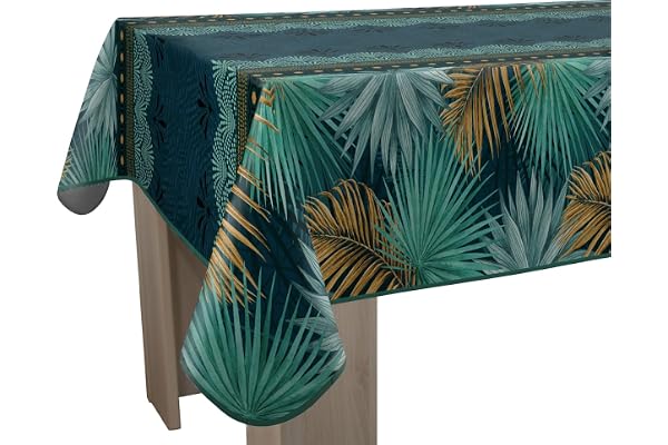 Le Linge de Jules Nappe Anti-Taches Paraiso - Rectangle 150 x 300 cm, Bleu, Vert, Moutarde