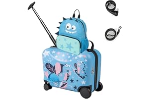 SOARS Juego de Maleta Correpasillos, 40L Trolley con Ruedas Correpasillo, 18" Maleta Niños con Ruedas + 12" Mochila Infantil con Asa y Correas Ajustables, Equipaje para Niños Niñas(Dinosaurio Azul)