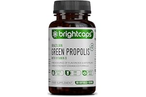BRIGHTCAPS Bee Health Propolis | Brazilian Green Propolis | 87% Dry Extract | Immune System Booster | High Artepillin C | 43.2mg Phenolic Compound & 16.8mg Flavonoids | 54µg Vitamin D