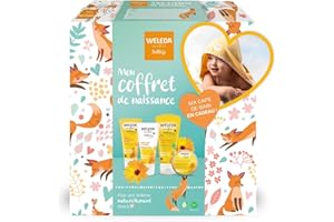 WELEDA - Coffret Cadeau Naissance - Soins Douceur Bébé au Calendula – Crème Lavante, Crème Visage, Crème Pour Le Change, Baume intense universel, Cape De Bain Coton Bio, NATRUE, 200ml+75ml+50ml+25g,