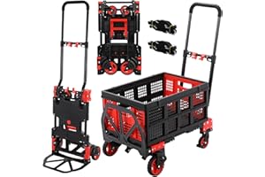 LIFERUN Diable et Chariot Plateforme 2-en-1 avec Boîte Pliante, 2 Tendeurs avec Crochets, Chariot de Transport Max 150 kg, Diable Max. 75 kg, Poignée Réglable sur 3 Niveaux, pour Transport, Shopping (Rouge)